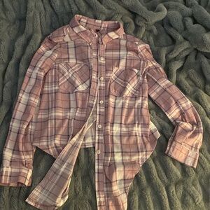 Flannel purple shirt with red,blue and white stripes and can tie on bottom